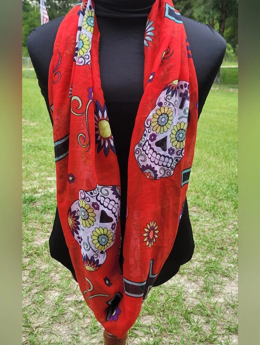 Day Of The Dead ~ Sugar Skull ~ Boho Red Infinity Scarf ❤️ GORGEOUS!!!